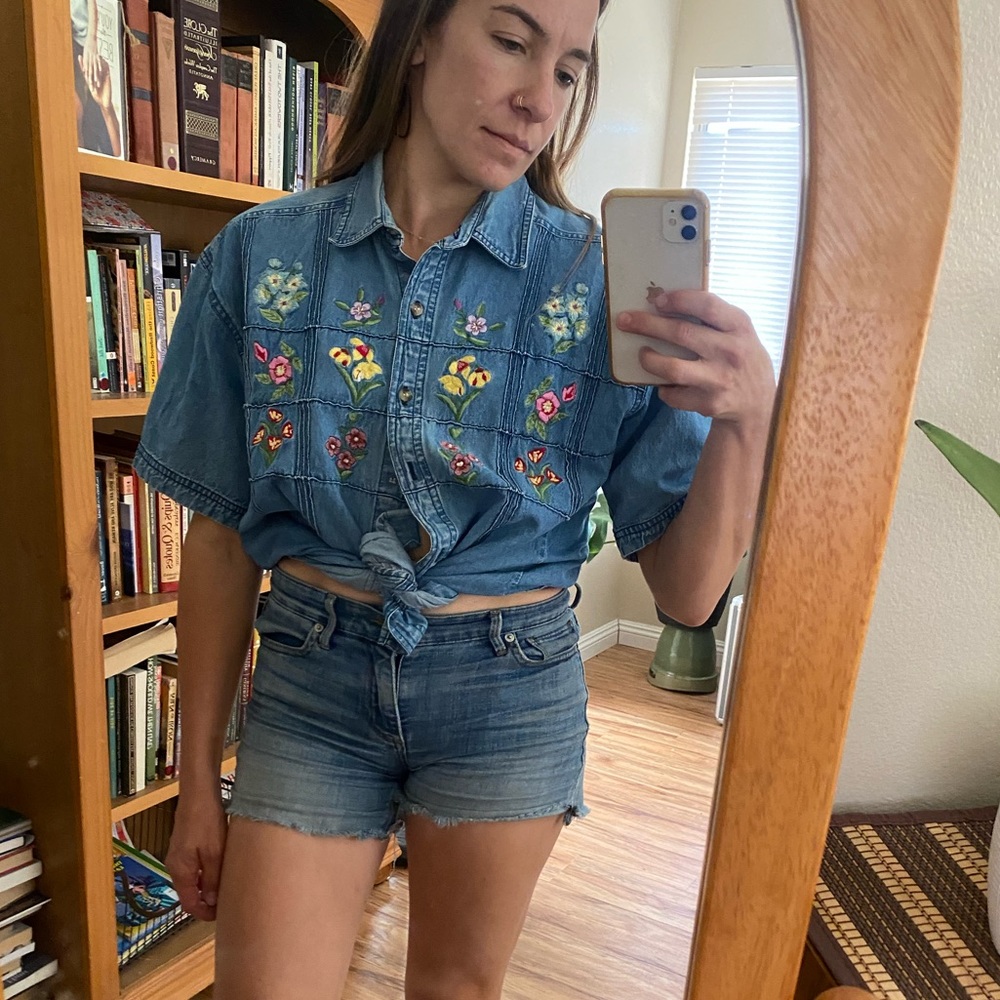 Floral embroidered denim top